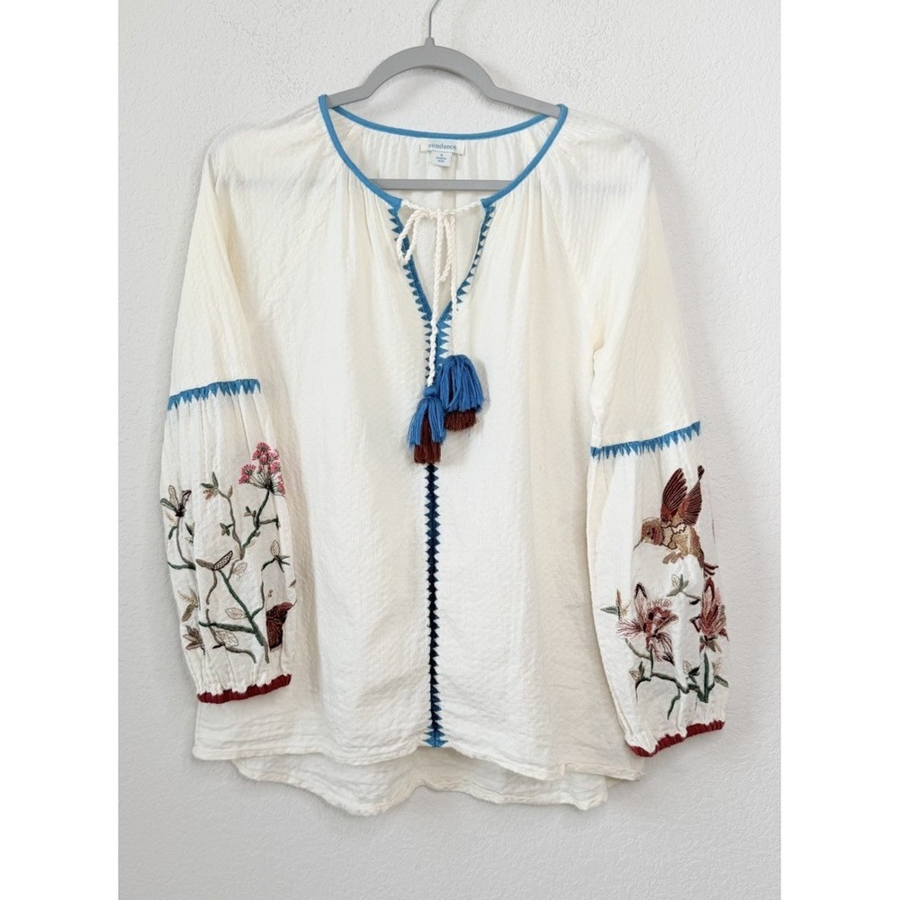Sundance Embroidered Blouse Sz S Boho Bird Floral Tassel Peasant Cottagecore